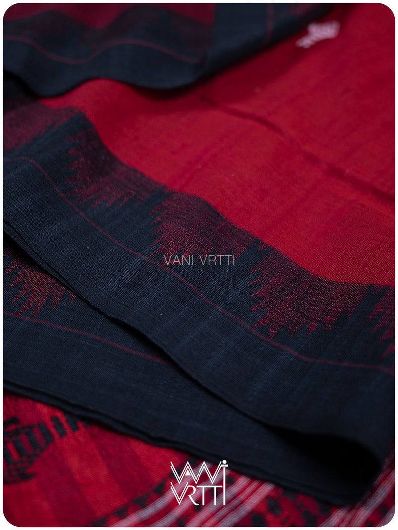 Deep Red Color Blocking Natural Dyed Phoda Kumbha Handwoven Cotton Tussar Kotpad Saree