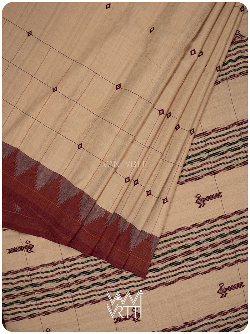 Chandan Madder Red Natural Dyed Phoda Kumbha Handwoven Cotton Tussar Kotpad Saree