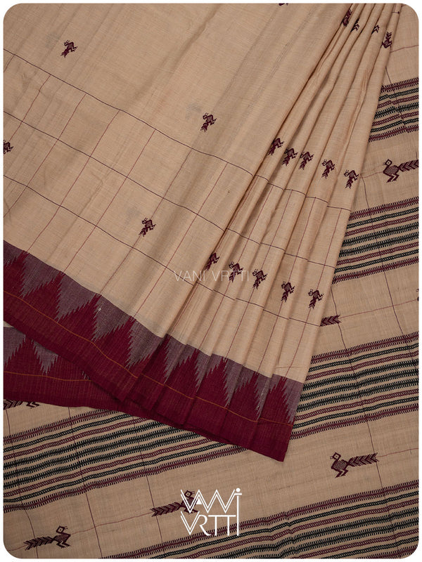 Chandan Madder Red Peacock Natural Dyed Phoda Kumbha Handwoven Cotton Tussar Kotpad Saree