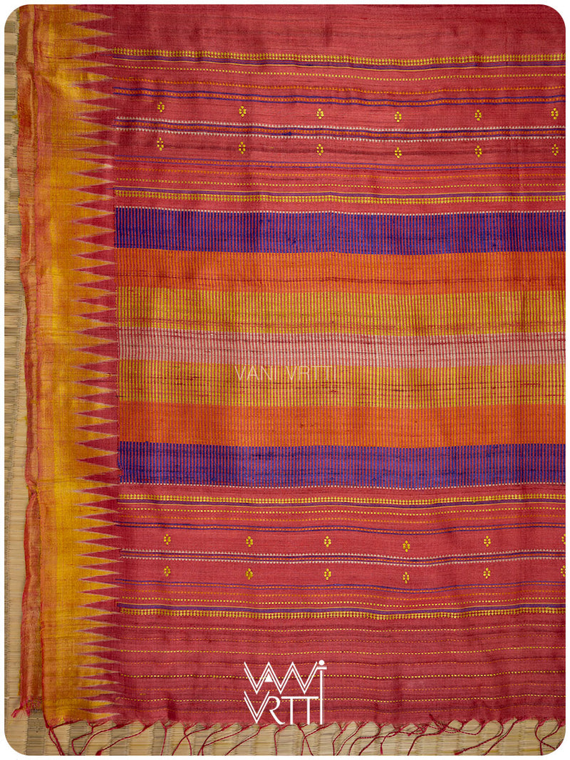 Pomegranate Red Orange Yellow Tribal Kondha Handspun Tussar Silk Saree