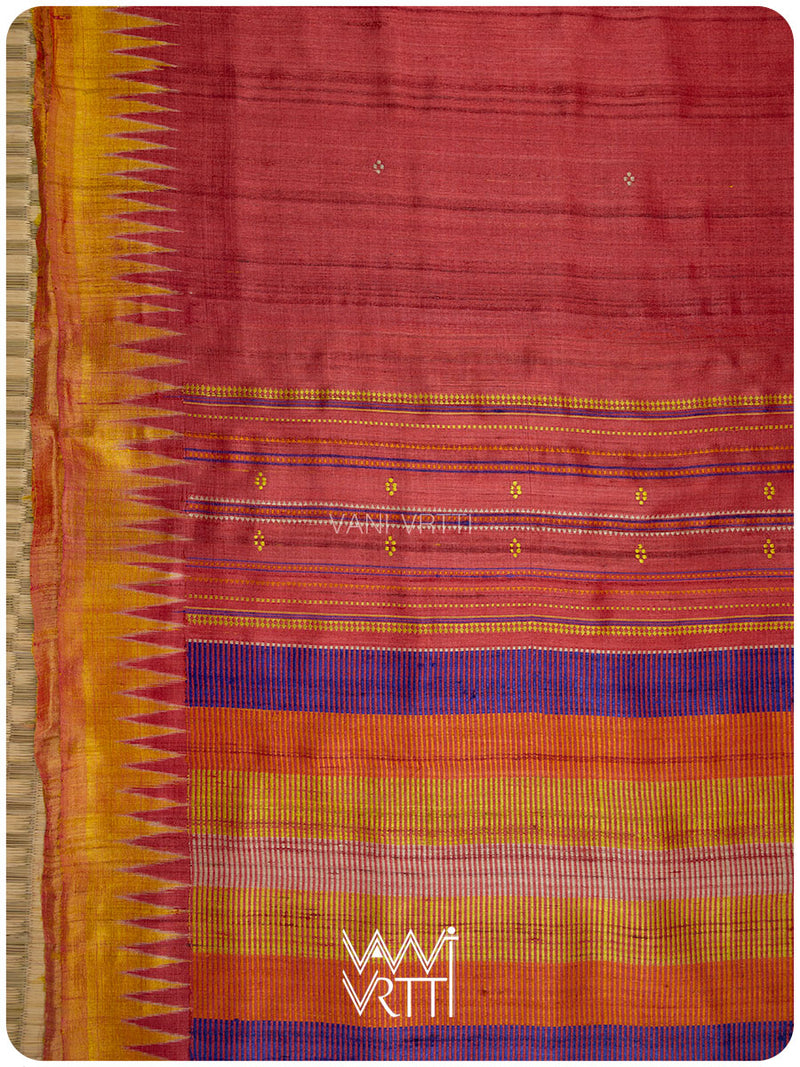 Pomegranate Red Orange Yellow Tribal Kondha Handspun Tussar Silk Saree