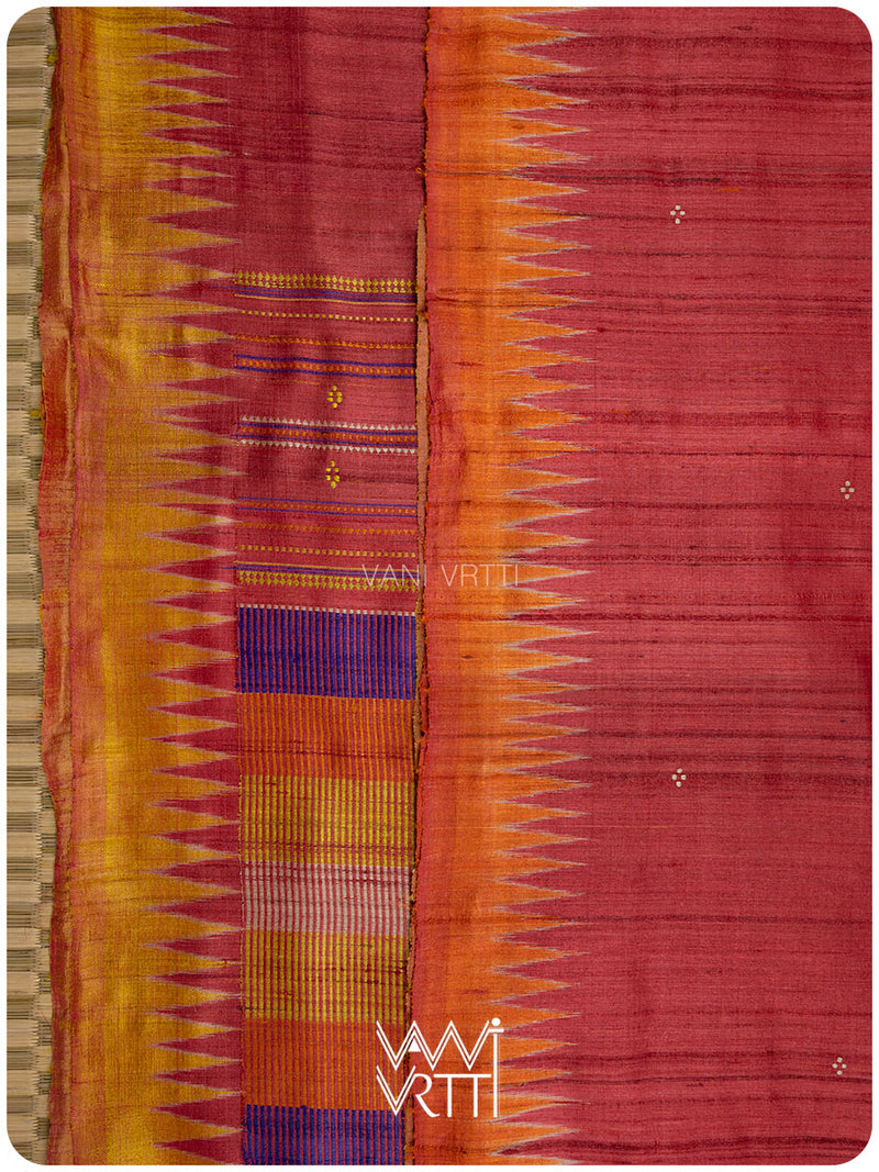 Pomegranate Red Orange Yellow Tribal Kondha Handspun Tussar Silk Saree