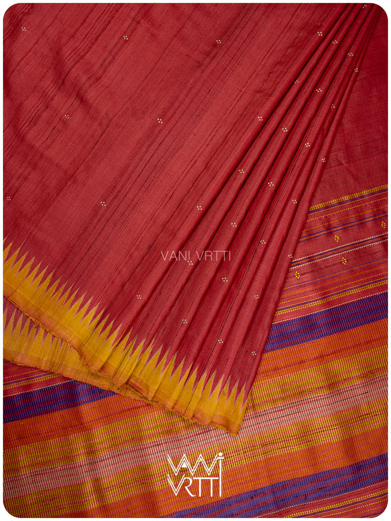 Pomegranate Red Orange Yellow Tribal Kondha Handspun Tussar Silk Saree