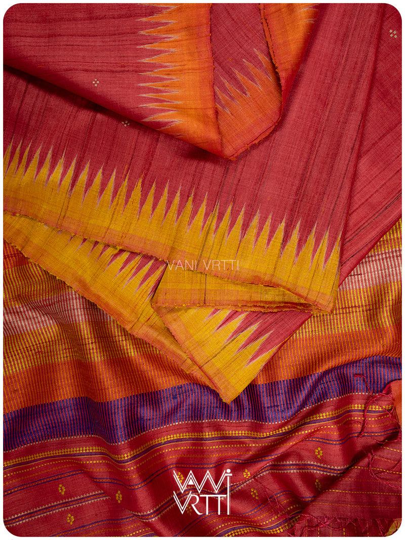 Pomegranate Red Orange Yellow Tribal Kondha Handspun Tussar Silk Saree