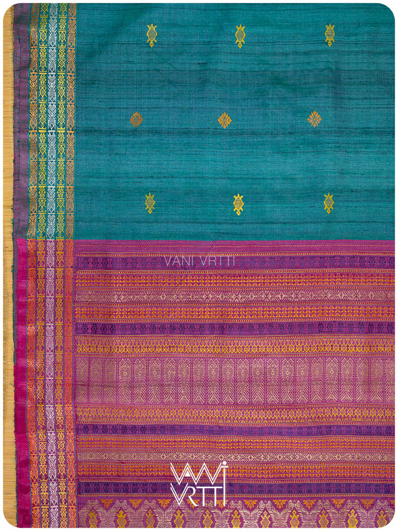 Deep Teal Magenta Matsya Kachhap Handspun Tussar Silk Saree