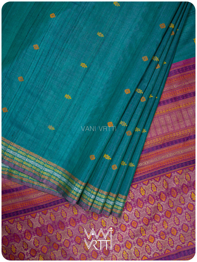 Deep Teal Magenta Matsya Kachhap Handspun Tussar Silk Saree