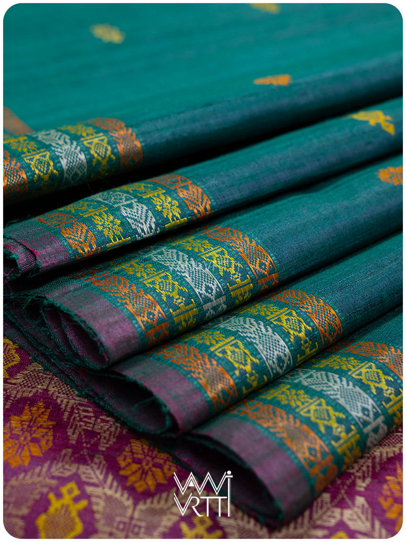 Deep Teal Magenta Matsya Kachhap Handspun Tussar Silk Saree