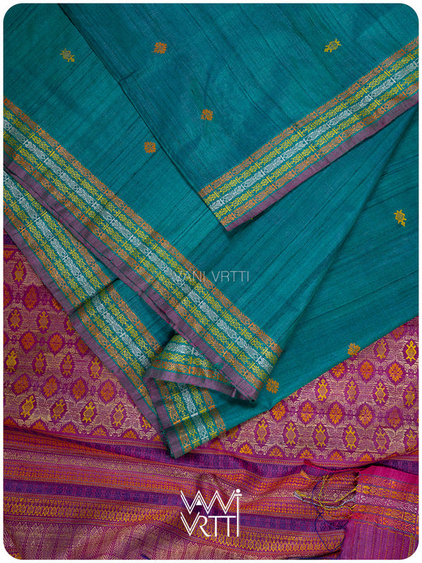 Deep Teal Magenta Matsya Kachhap Handspun Tussar Silk Saree