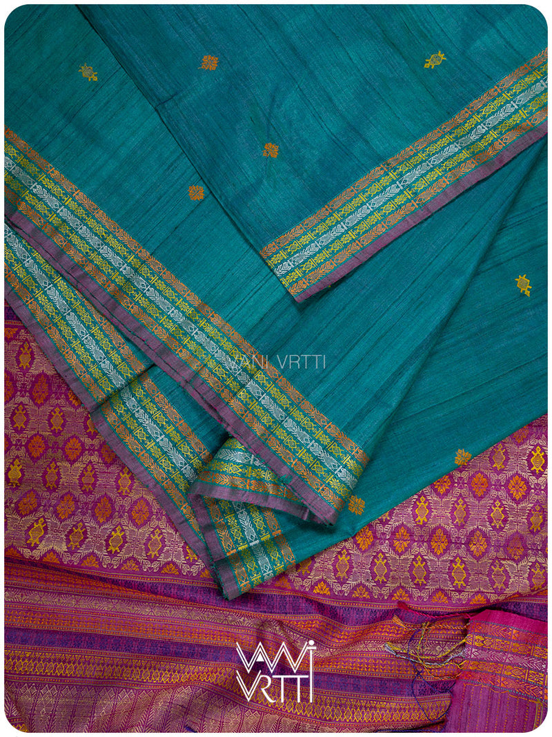 Deep Teal Magenta Matsya Kachhap Handspun Tussar Silk Saree