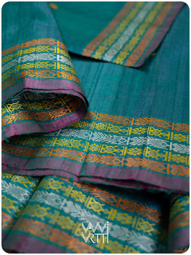Deep Teal Magenta Matsya Kachhap Handspun Tussar Silk Saree