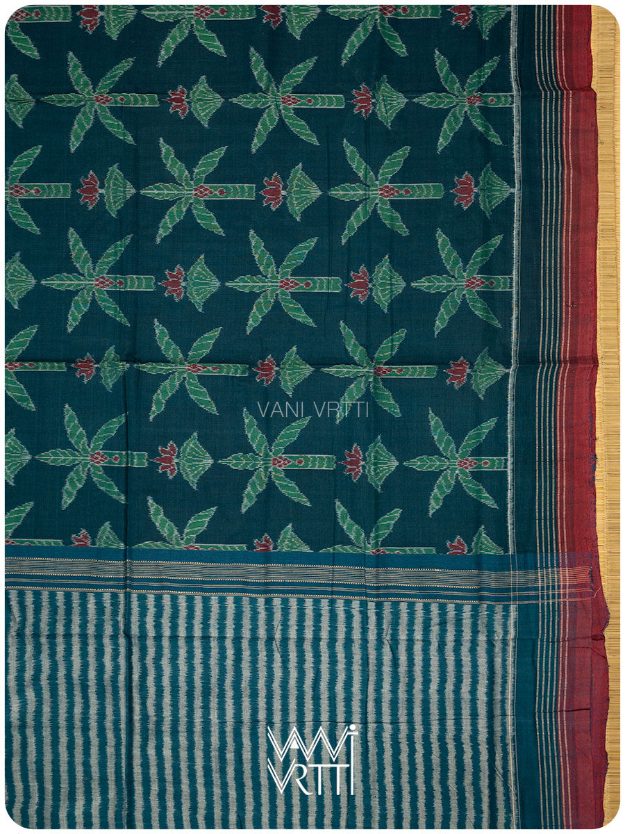 Bottle Green Banana Tree Fine Cotton Ikat Saree