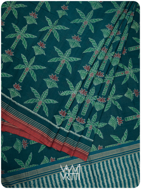 Bottle Green Banana Tree Fine Cotton Ikat Saree