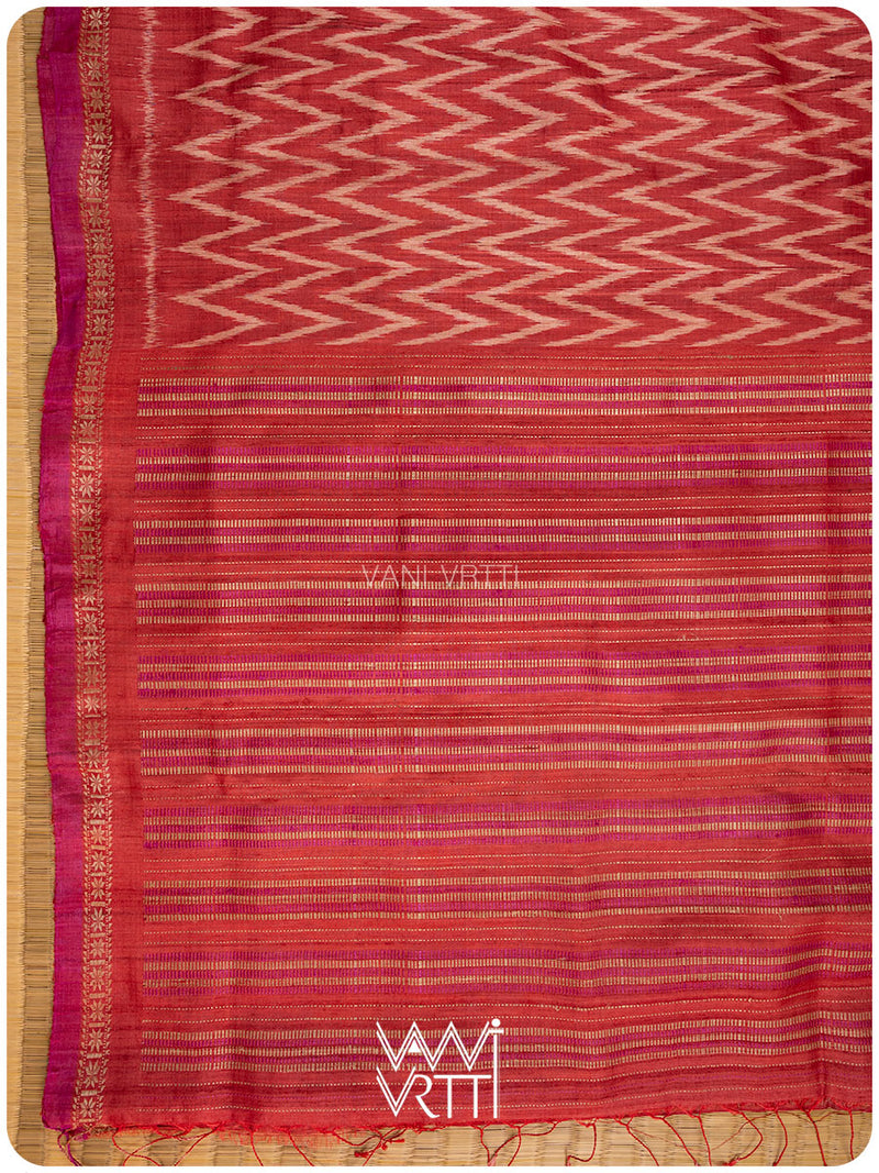 Red Aziz Ikat Handspun Tussar Silk Saree