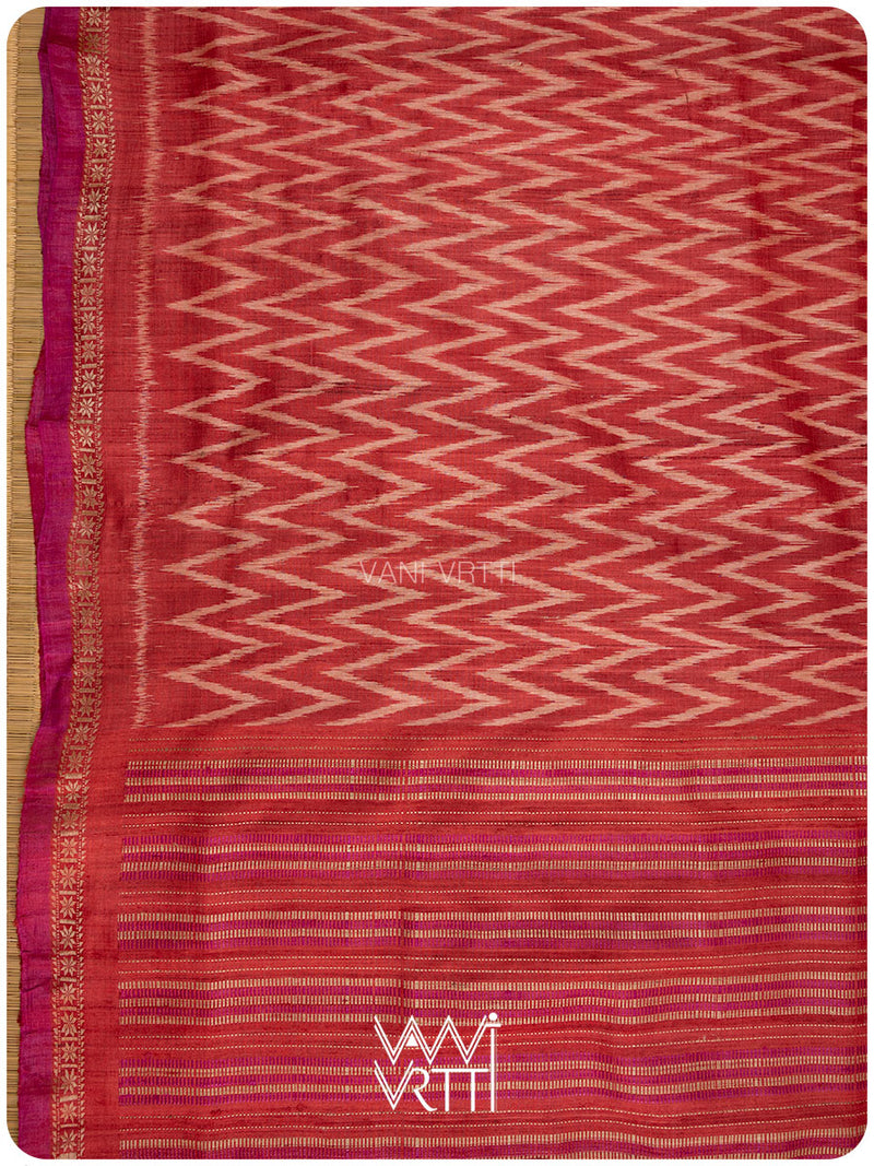 Red Aziz Ikat Handspun Tussar Silk Saree