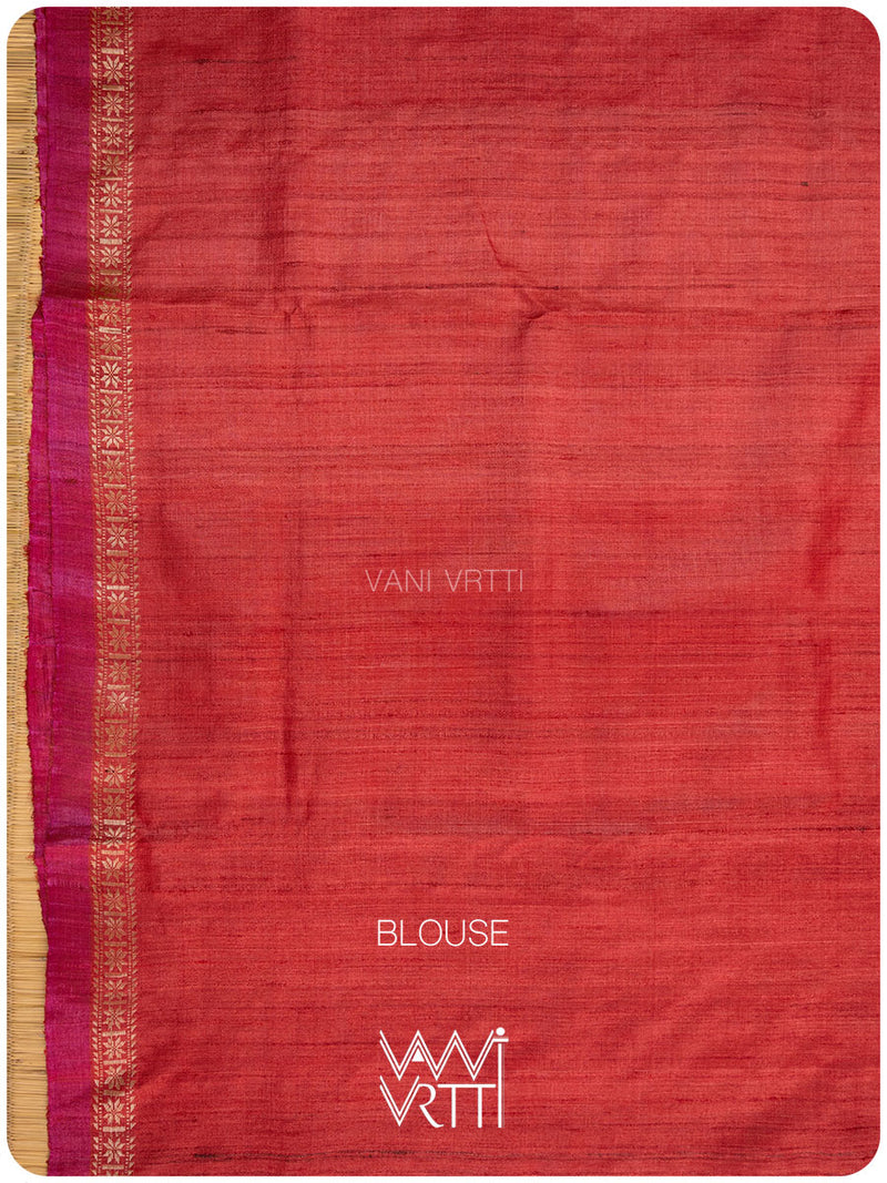 Red Aziz Ikat Handspun Tussar Silk Saree