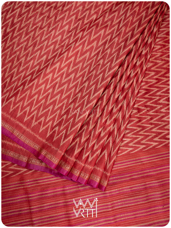 Red Aziz Ikat Handspun Tussar Silk Saree