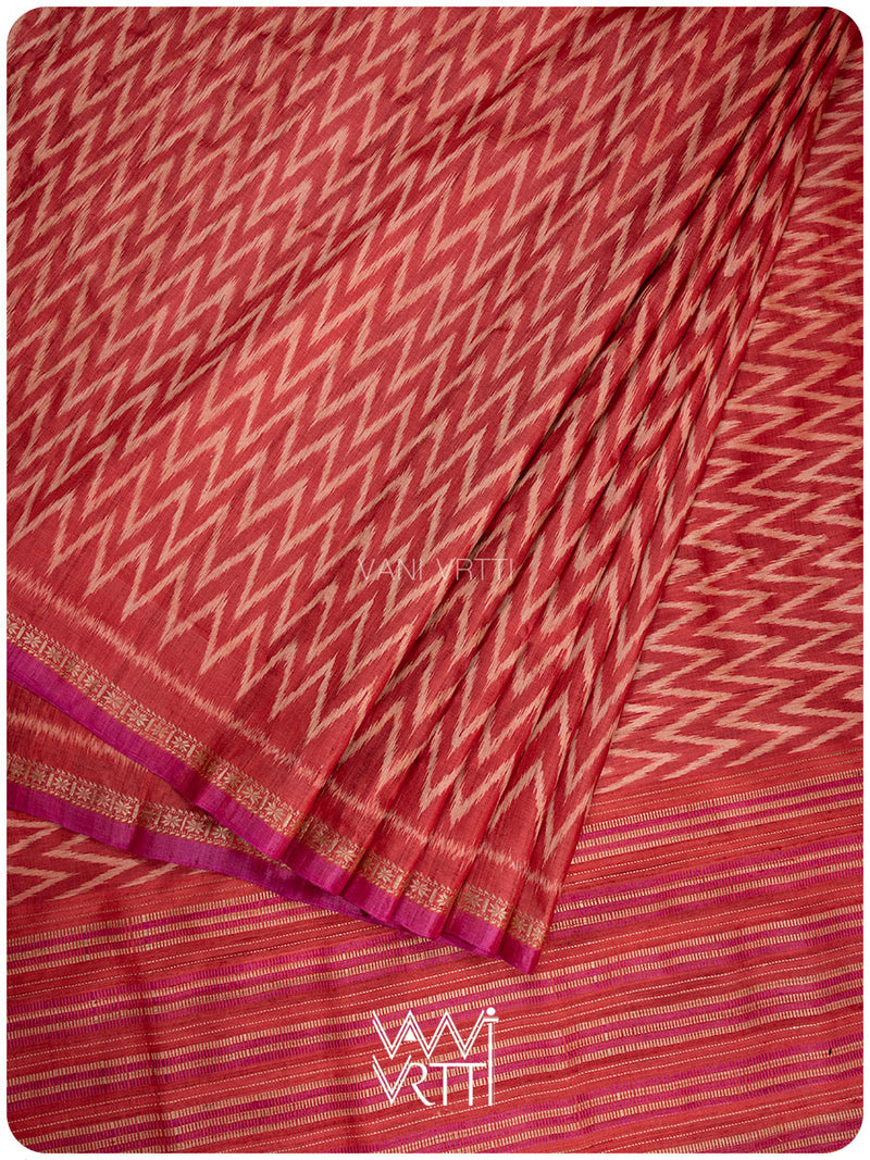 Red Aziz Ikat Handspun Tussar Silk Saree