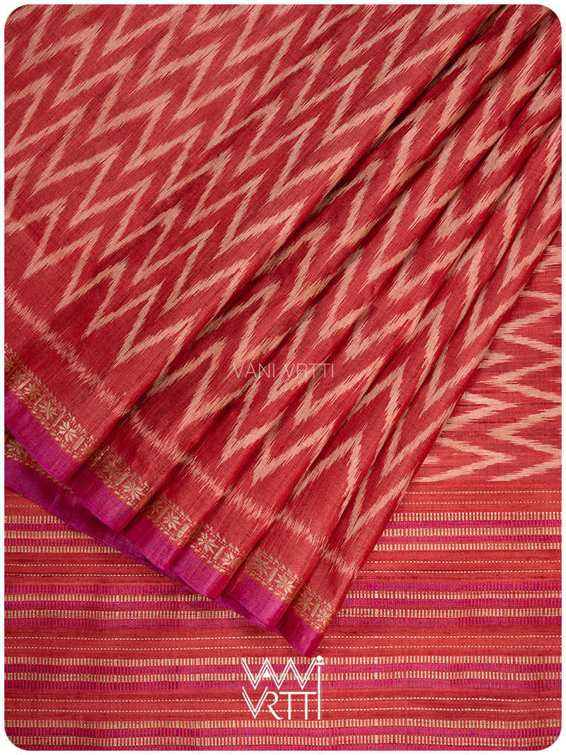 Red Aziz Ikat Handspun Tussar Silk Saree