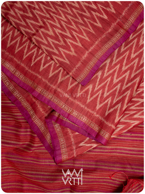 Red Aziz Ikat Handspun Tussar Silk Saree
