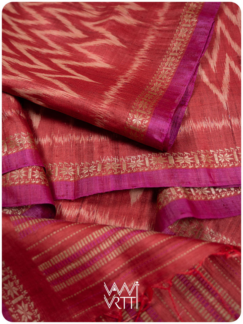 Red Aziz Ikat Handspun Tussar Silk Saree