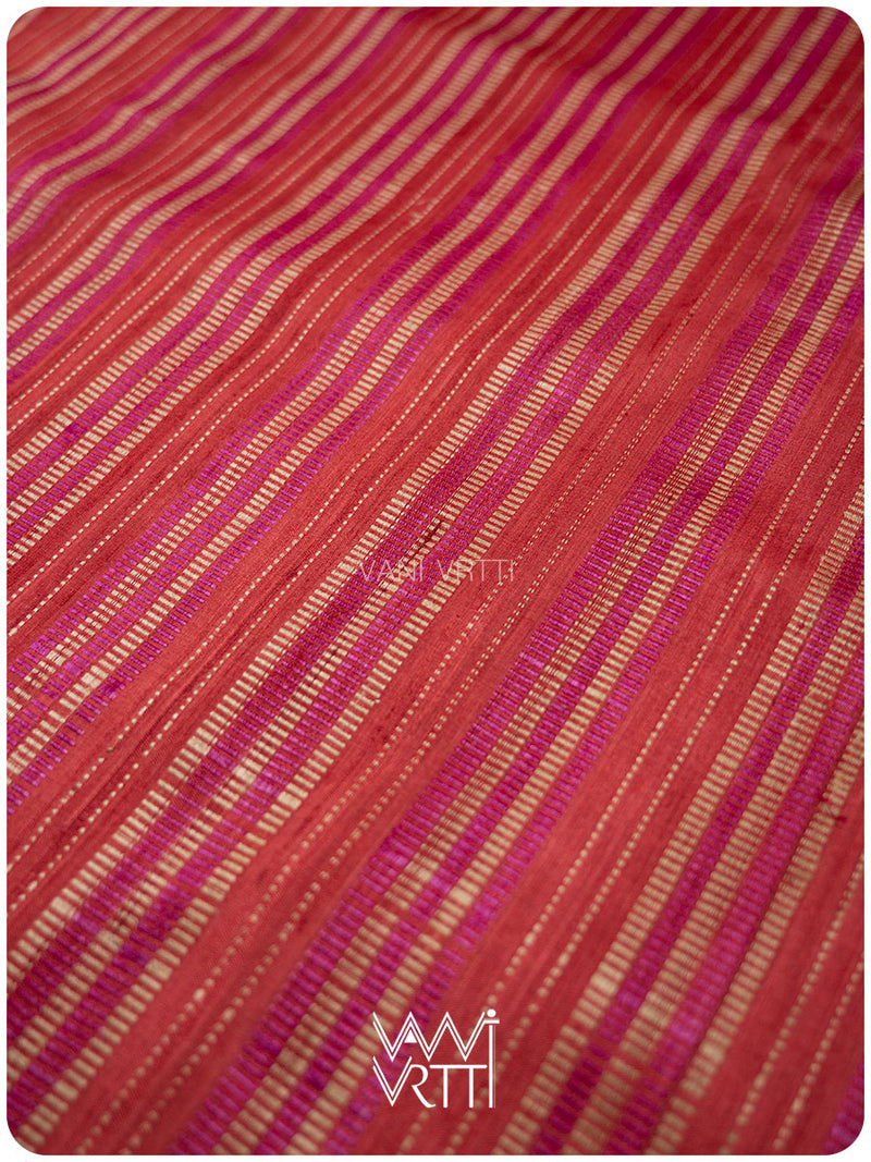 Red Aziz Ikat Handspun Tussar Silk Saree