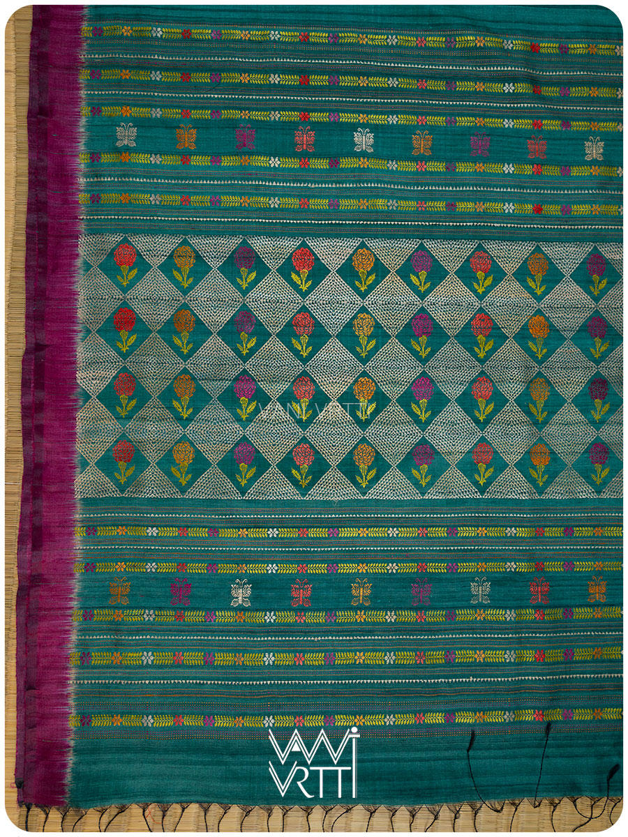 Emerald Green Marigold Wild Garden Master Weave Exclusive Handspun Tussar Silk Saree