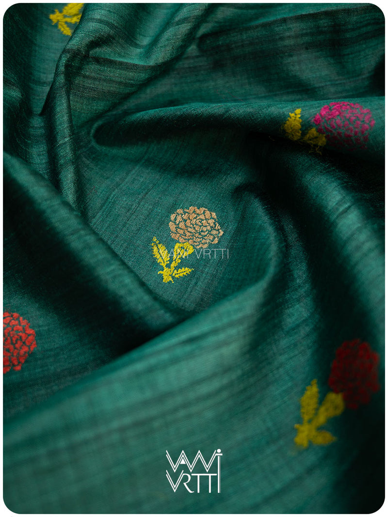 Emerald Green Marigold Wild Garden Master Weave Exclusive Handspun Tussar Silk Saree