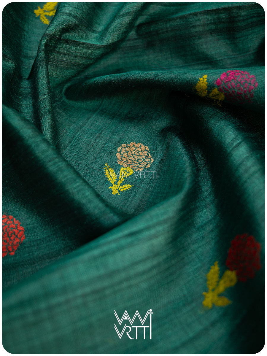 Emerald Green Marigold Wild Garden Master Weave Exclusive Handspun Tussar Silk Saree