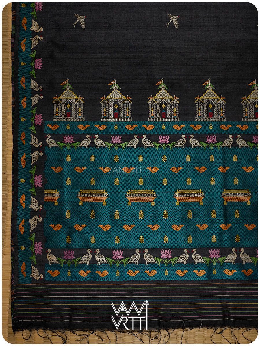 Slate Black Chilika Master Weave Exclusive Handspun Tussar Silk Saree