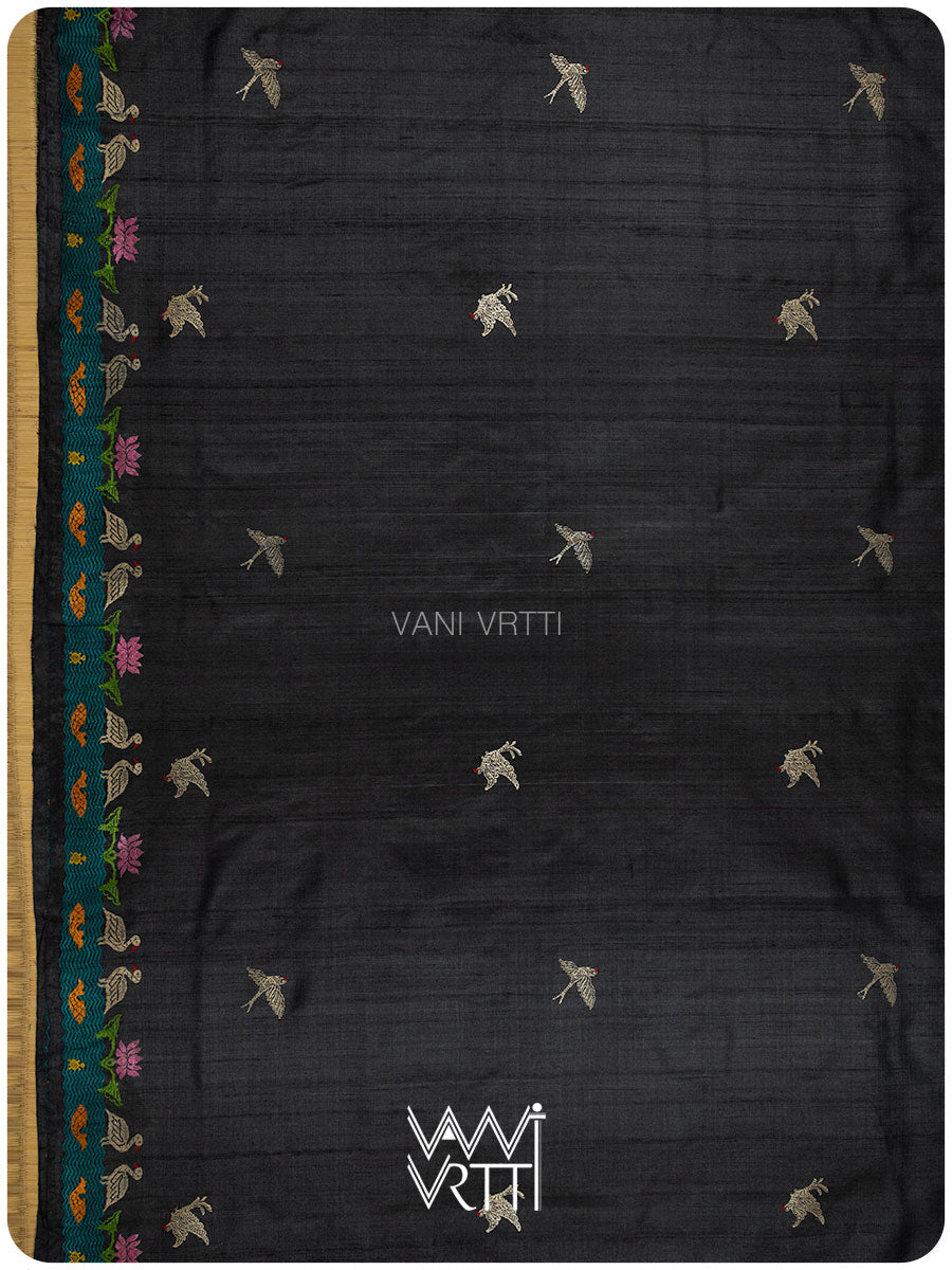 Slate Black Chilika Master Weave Exclusive Handspun Tussar Silk Saree