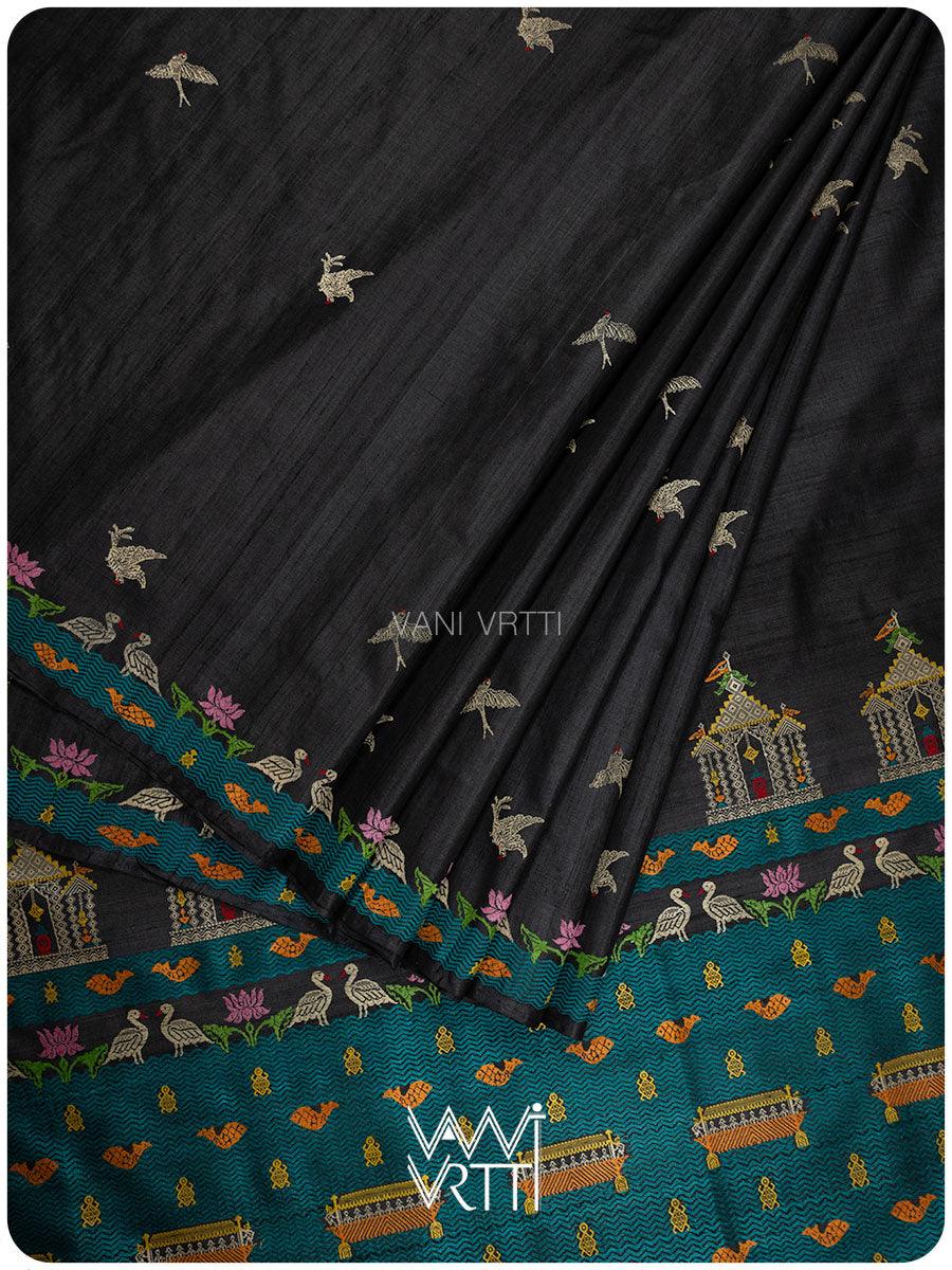 Slate Black Chilika Master Weave Exclusive Handspun Tussar Silk Saree