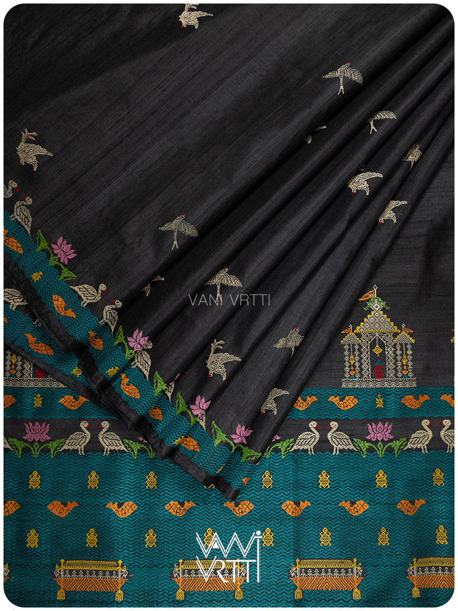 Slate Black Chilika Master Weave Exclusive Handspun Tussar Silk Saree