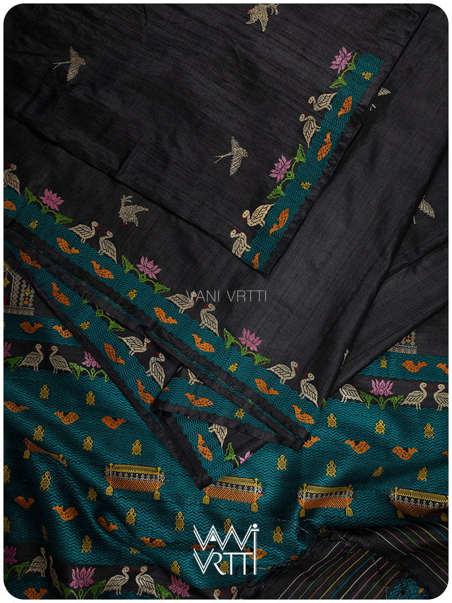 Slate Black Chilika Master Weave Exclusive Handspun Tussar Silk Saree