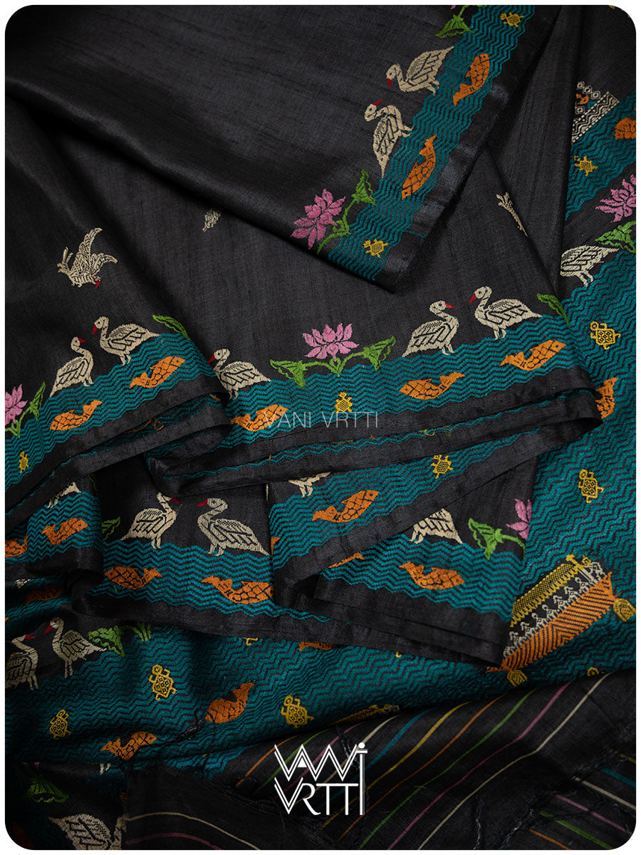 Slate Black Chilika Master Weave Exclusive Handspun Tussar Silk Saree