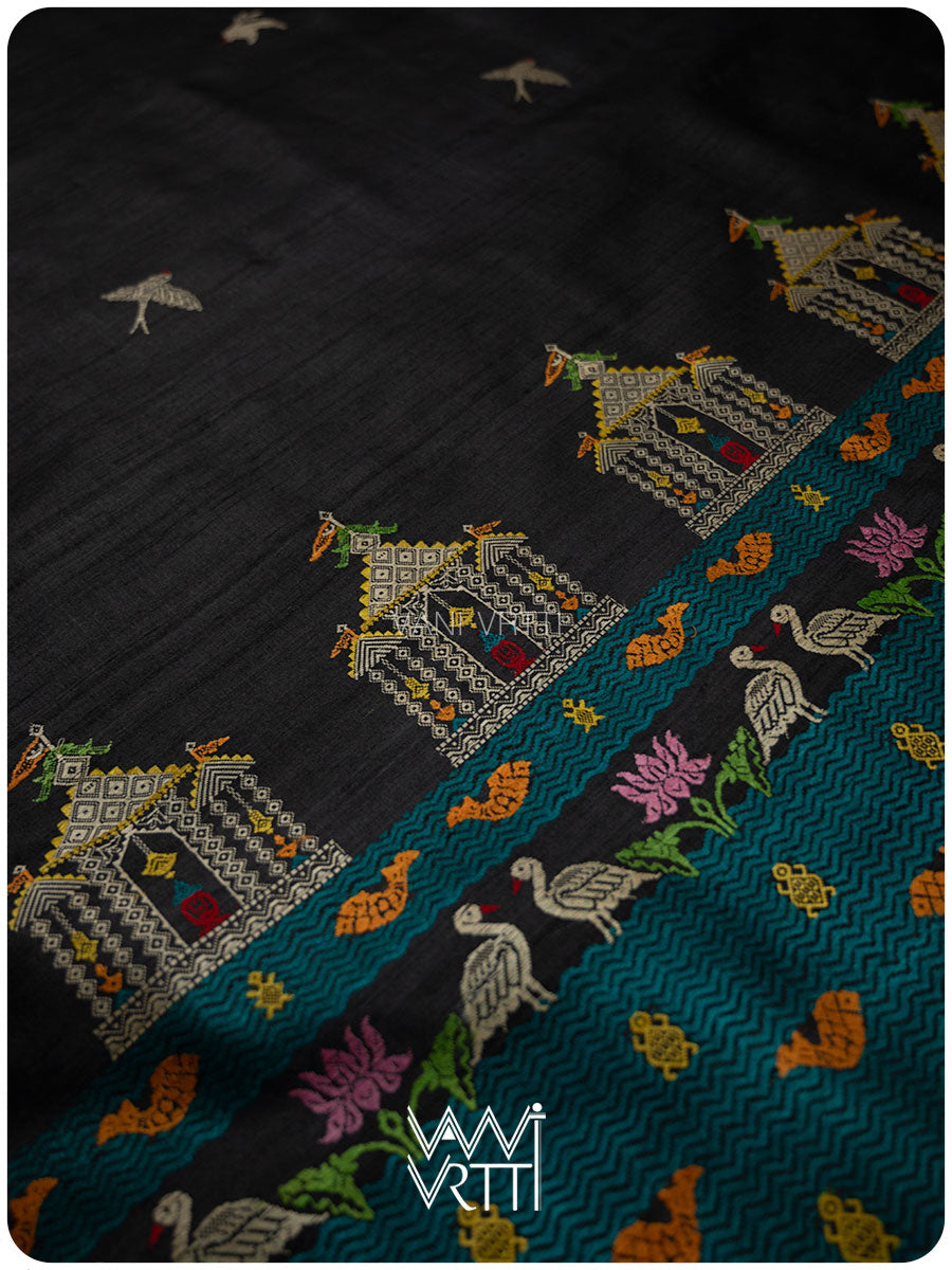 Slate Black Chilika Master Weave Exclusive Handspun Tussar Silk Saree