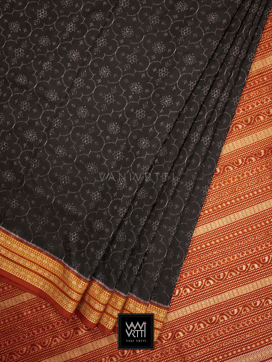 Iron Rust Black Madder Shamma Prakritik Natural Dyed Mulberry Silk Ikat Saree