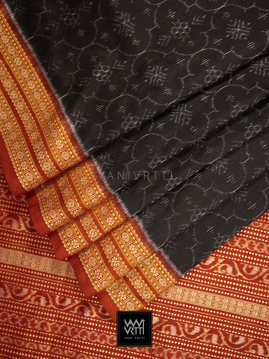 Iron Rust Black Madder Shamma Prakritik Natural Dyed Mulberry Silk Ikat Saree