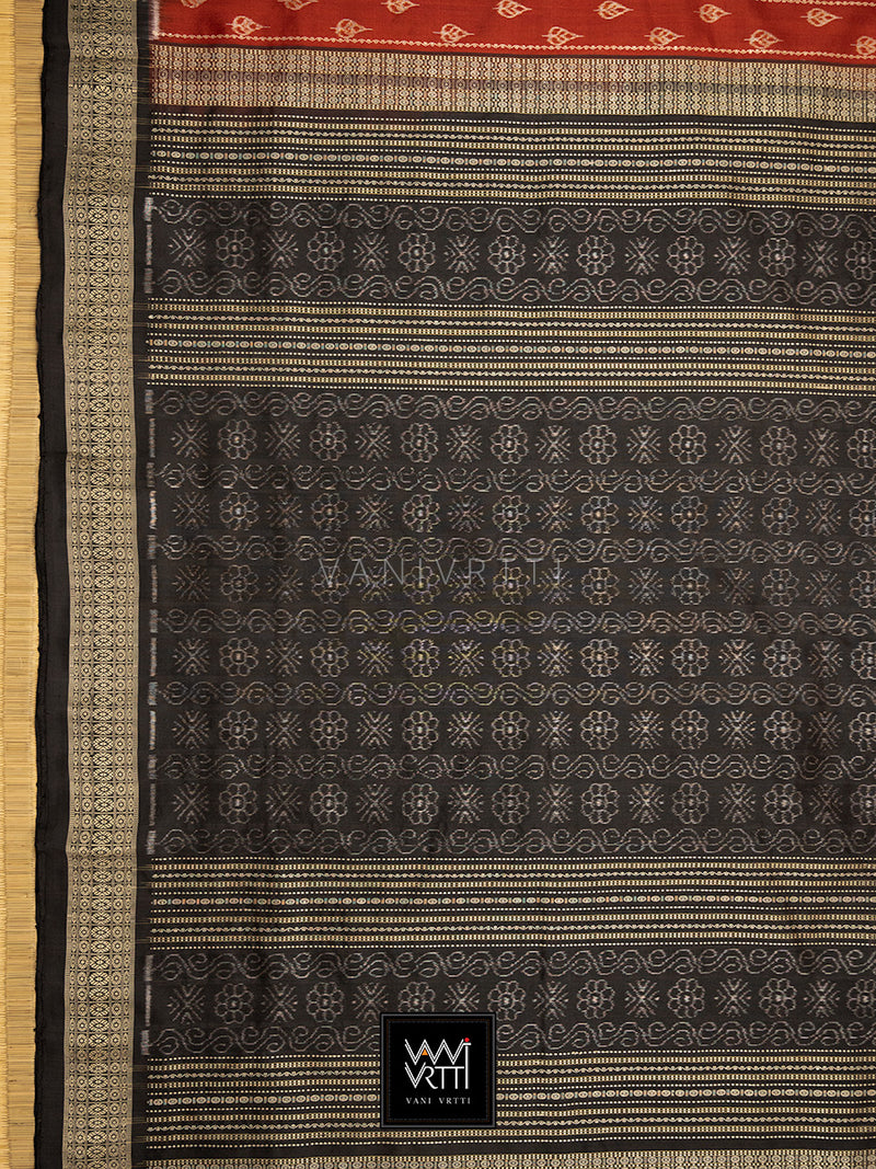 Madder Red Black Sacred Peepal Prakritik Natural Dyed Mulberry Silk Ikat Saree