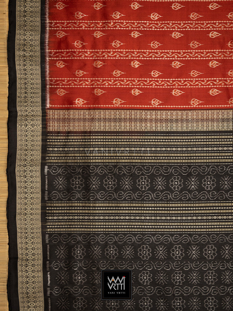 Madder Red Black Sacred Peepal Prakritik Natural Dyed Mulberry Silk Ikat Saree