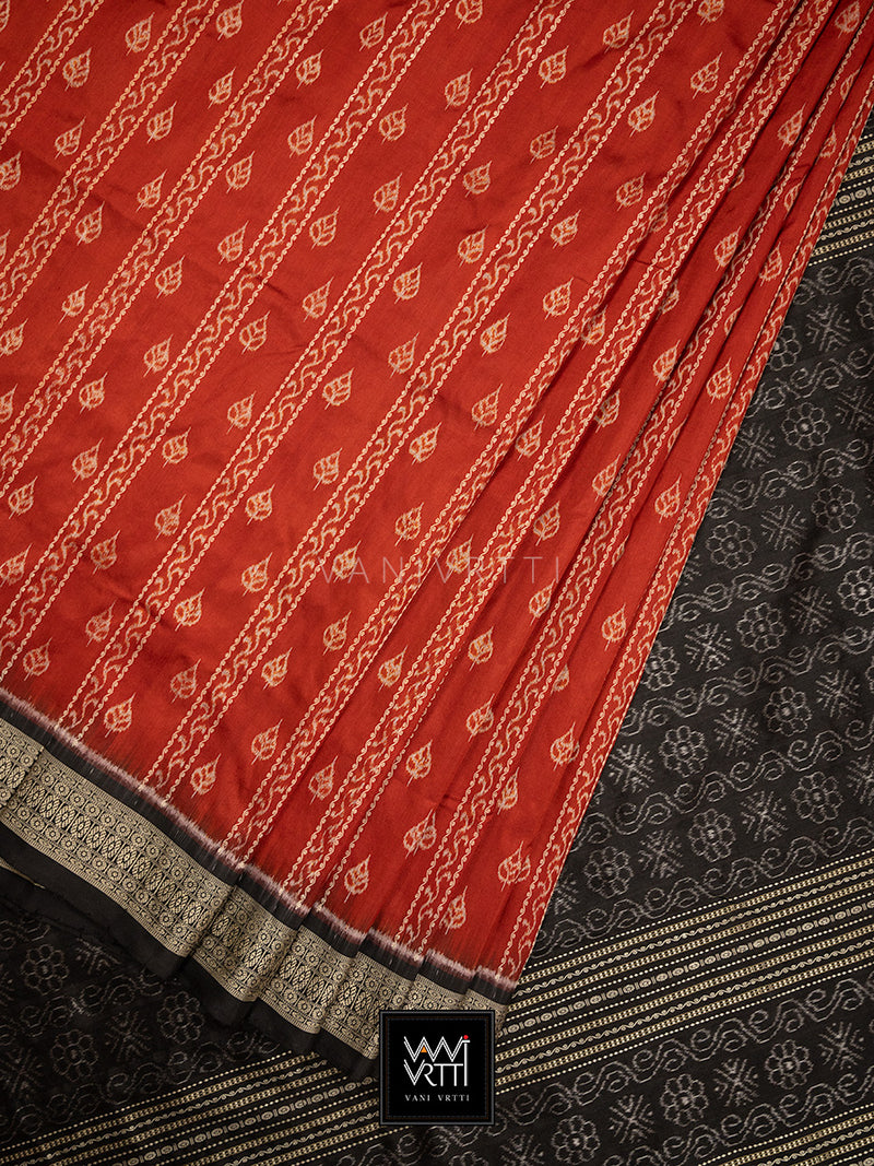 Madder Red Black Sacred Peepal Prakritik Natural Dyed Mulberry Silk Ikat Saree