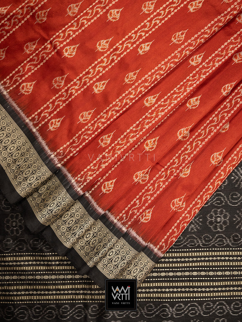 Madder Red Black Sacred Peepal Prakritik Natural Dyed Mulberry Silk Ikat Saree
