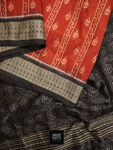 Madder Red Black Sacred Peepal Prakritik Natural Dyed Mulberry Silk Ikat Saree