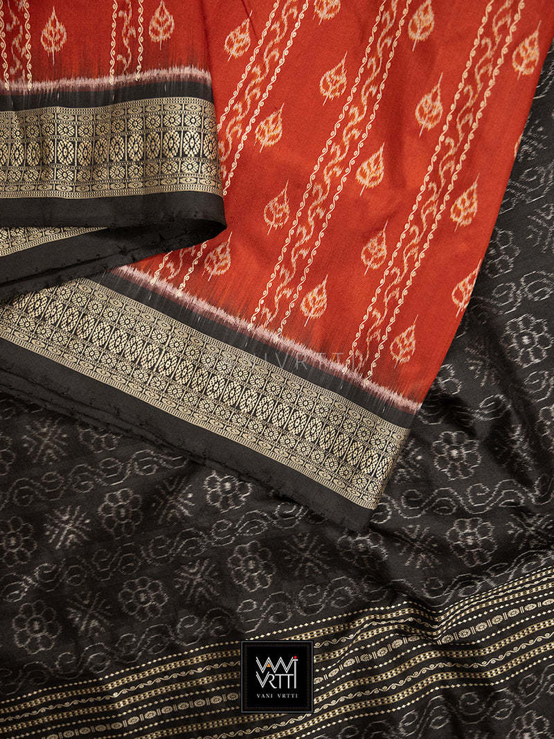 Madder Red Black Sacred Peepal Prakritik Natural Dyed Mulberry Silk Ikat Saree