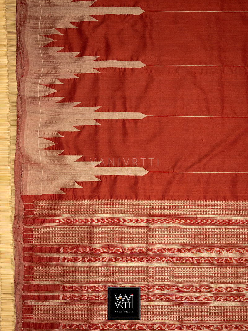 Madder Red Temple Border Phoda Kumbha Prakritik Natural Dyed Mulberry Silk Ikat Saree