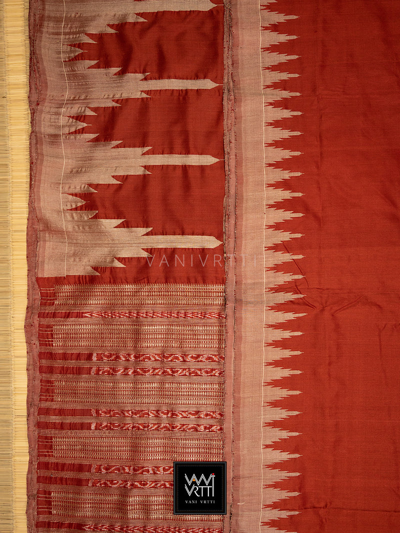 Madder Red Temple Border Phoda Kumbha Prakritik Natural Dyed Mulberry Silk Ikat Saree