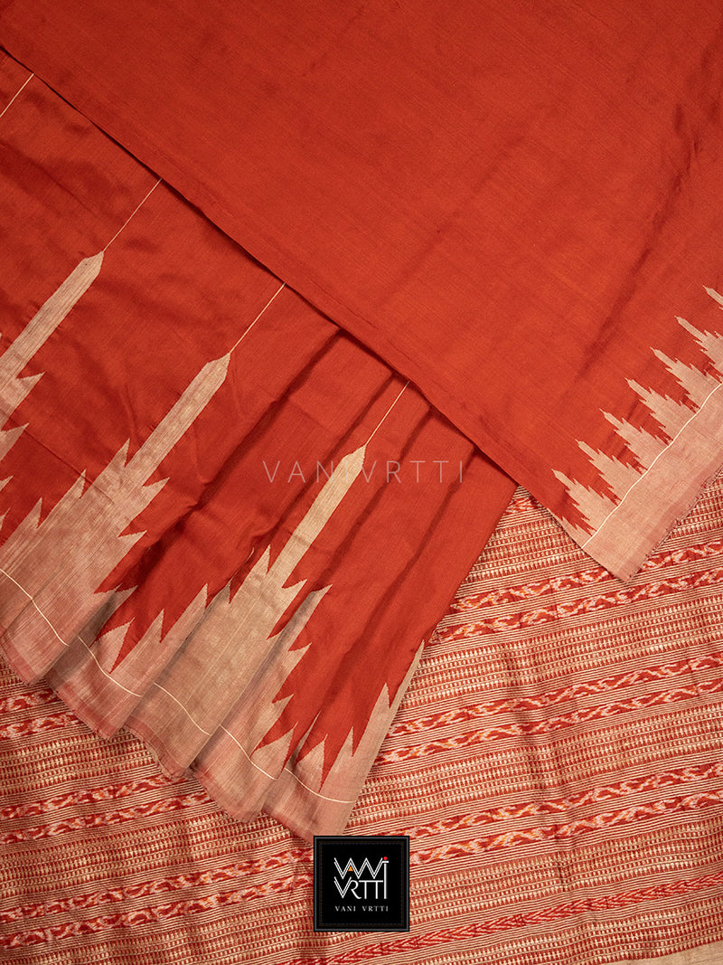 Madder Red Temple Border Phoda Kumbha Prakritik Natural Dyed Mulberry Silk Ikat Saree