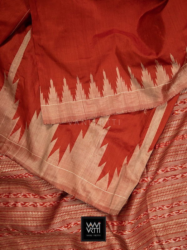 Madder Red Temple Border Phoda Kumbha Prakritik Natural Dyed Mulberry Silk Ikat Saree