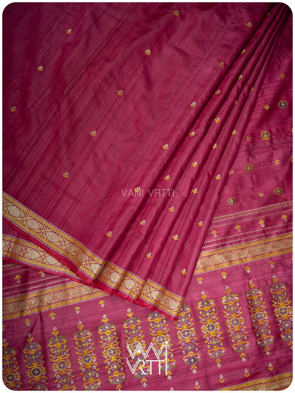 Plum Pink Brahma Kamal Master Weave Exclusive Handspun Tussar Silk Saree