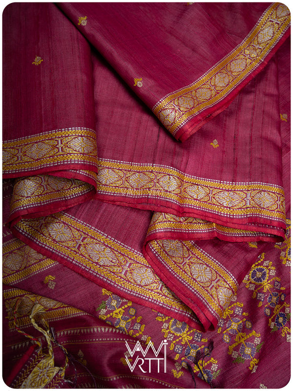 Plum Pink Brahma Kamal Master Weave Exclusive Handspun Tussar Silk Saree