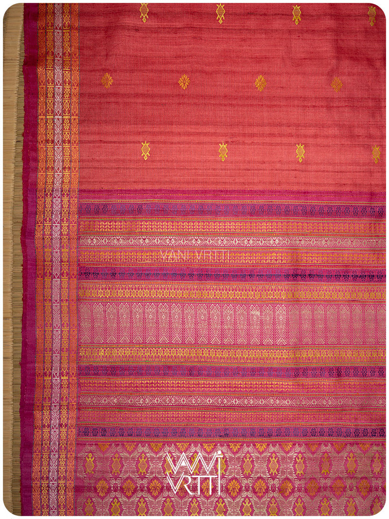 Tomato Red Matsya Kachhap Handspun Tussar Silk Saree